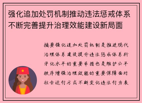强化追加处罚机制推动违法惩戒体系不断完善提升治理效能建设新局面